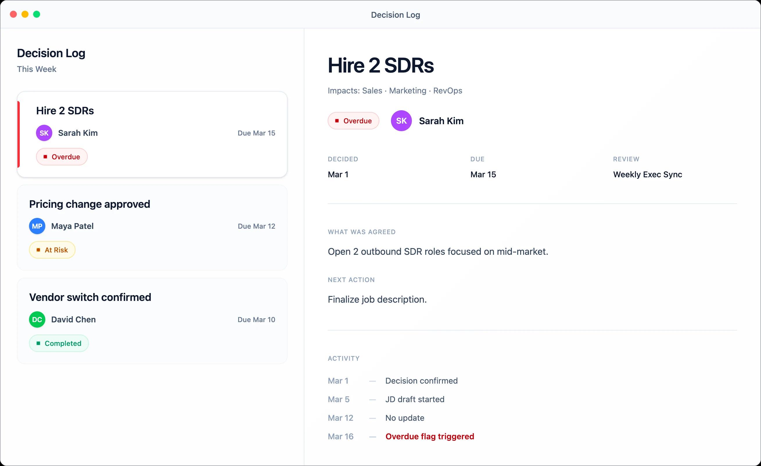 Decision Log — structured records extracted from meetings